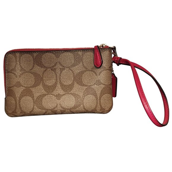 Coach Signature Double Zip Wristlet Pink Leather Trim - Picture 2 of 7